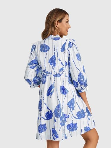 Image of EZAPINE Women Floral Babydoll Mini Dress V Neck 3 /4 Puff Sleeves A Line Flowy Swing Summer Sun Dresses