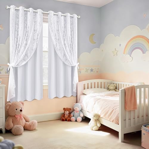 Image of Yinhua Blackout Curtains for Bedroom Double Layer Grey Curtains for Living Room 63 Inch Length 2 Panels Set Kid Curtain with Floral Sheer Overlay, Grommet Drapes with Tiebacks, 52 inch W x 63 inch L