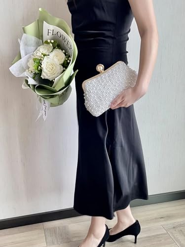 Image of Women Pearl Evening Bag Bride Beaded Clutch Purse Cream White for Wedding Party