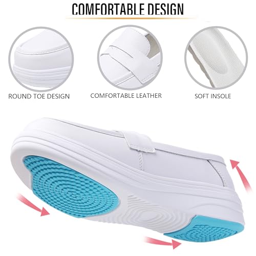 Women's Leather Lightweight Nurse Shoes Comfortable Round Toe Slip-On Loafers Arch Support Soft Sole Orthopedic Walking Casual Shoes for Work Daily Travel (White,9) by RAGMAGIOI - Used condition - Image 5