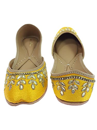 Image of Fulkari Women's Dolli Gold Genuine Soft Leather Embroidered Jutis | Bite and Pinch Free Jutti | Punjabi Formal Juttis | Girl's Wedding Flat Ladies Mojari | Formal Ethnic Juti |