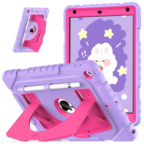OKP Case for iPad 9th/ 8th/ 7th Generation 10.2 Inch (2021/2020/2019) Shockproof Rugged Heavy Duty i Pad 9 8 7 th Gen Protective 10.2 Cover with Pencil Holder/Kickstand Purple+Hot Pink