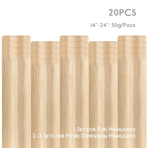 Image of WENNALIFE Invisi Edge Tape in Hair Extensions Human Hair | 24 Inch 50g 20pcs Dirty Blonde Highlighted Bleach Blonde Invisi Remy Hair tensions Seamless Injected Tape Ins Straight
