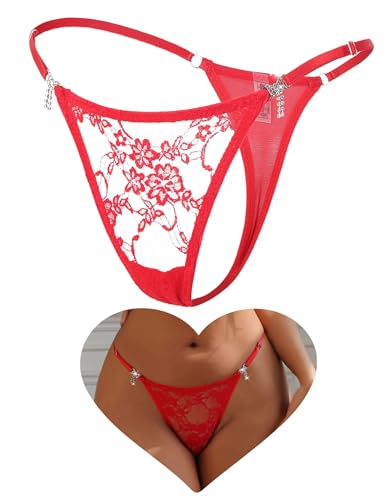 ohyeahlady Women G-Strings Thongs Cotton Crotch Tangas Briefs Sexy Micro Thongs Plus Size Lace Floral Knickers Soft Hipster Panties Red S
