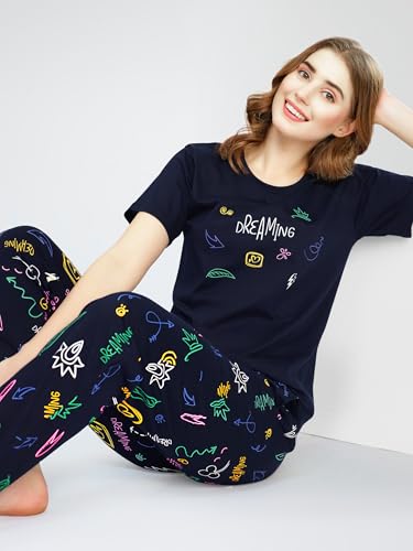 Image of ZEYO Night Suit for Women's Printed Cotton Night Dress of Top and Pajama Set 5774