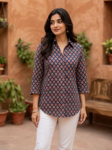 Image of Pure Cotton Long Hemline Shirt for Women Beautiful Printed Collared Neck Casual Western Shirt Top Formal Office Wear