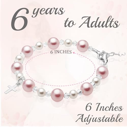 Image of Baby Crystals Personalized Pink Pearl Bracelets for Girls, Sterling Silver Initial & Cross Charm, Created with Swarovski Pearls and Crystals, Baptism, Communion, Christening Jewelry Gift