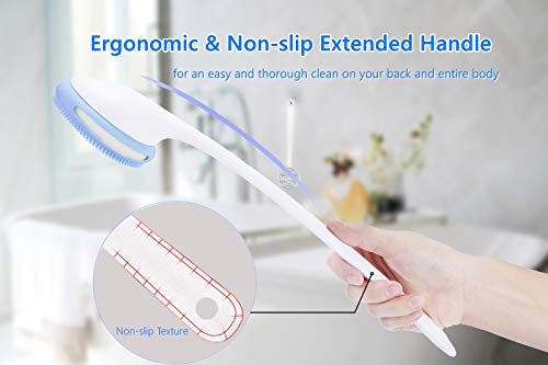 Soft Silicone Body Scrubber, AuroTrends 2021 New Bath Body Brush with Long Handle for Shower, BPA-Free, Non-Slip, Built-in & Removable Sponge (Blue)