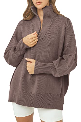 Lillusory Women's Oversized Holiday Pullover Long Sleeve 1/4 Zipper Collar Split Hem Slouchy Brown Sweatshirt Warm Sweater #TOP14