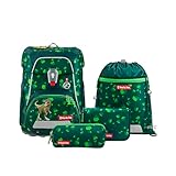 Step by Step Schulranzen-Set FIT „Dino Targo“ 5-teilig, grün, Dino-Design, ergonomischer Tornister mit Reflektoren, höhenverstellbar mit Hüftgurt für Jungen ab der 1. Klasse, 19L