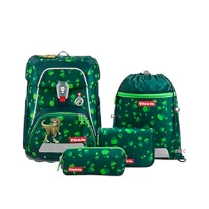 Step by Step Schulranzen-Set FIT „Dino Targo“ 5-teilig, grün, Dino-Design, ergonomischer Tornister mit Reflektoren, höhenverstellbar mit Hüftgurt für Jungen ab der 1. Klasse, 19L