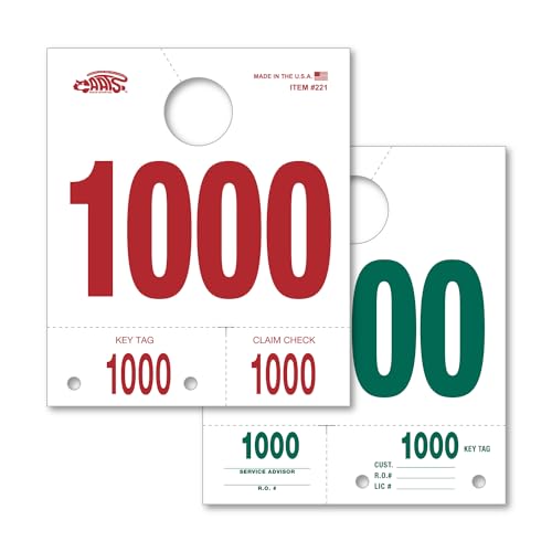 Car Service Dispatch Numbers 3-Part Mirror Hang Tags 1000-1999, 1000 Pack