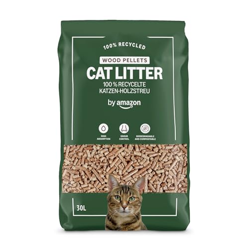 by Amazon Cat Litter Wood Pellets Highly Absorbent and Made of 100% Recycled Wood, Unscented, 30 l (Pack of 1)