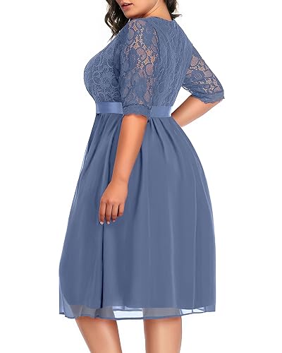 Image of Pinup Fashion Plus Size Lace Chiffon Wrap V Neck Dresses Women Cocktail Wedding Guest Midi Dress