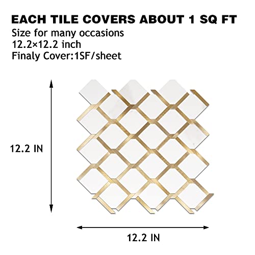 Kasaro 10-Piece Peel And Stick Backsplash Rhombus Tiles With Printed Marble Pattern And Edged Brushed Metal, Decorative Self-Adhesive Wall Tiles For Kitchen, White #TOP4