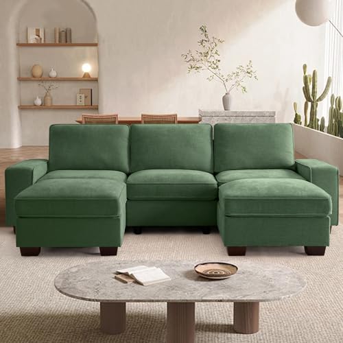 Image of TEKAMON 100 inch Modular Sectional Sofa with Seats Storage, U Shaped Couch with Movable Ottomans, Chenille Fabric Couch for Living Room, USB Port, Removable Cover(Green, 3 Seater & 2 Ottomans- U Shape)