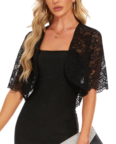 Women's Elegant Half Sleeve Floral Lace Shrug Top Open Front Summer Lightweight Cropped Cardigan