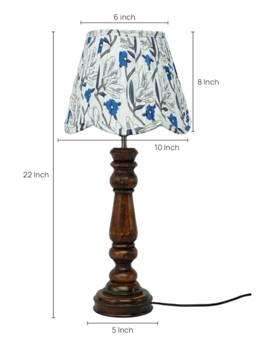 Image of Green Girgit Wooden Classic Lamp with Pleeted Multicolor Blue Floral Lotus Shape Lamp Shade