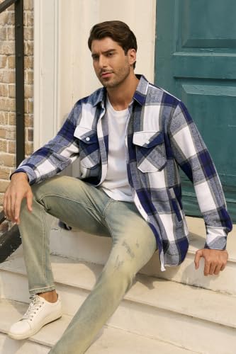 Image of Cromoncent Mens Boys Thick Flannel Shirt Long Sleeve Shirt Jacket Casual Button Down Multi Pockets Shacket