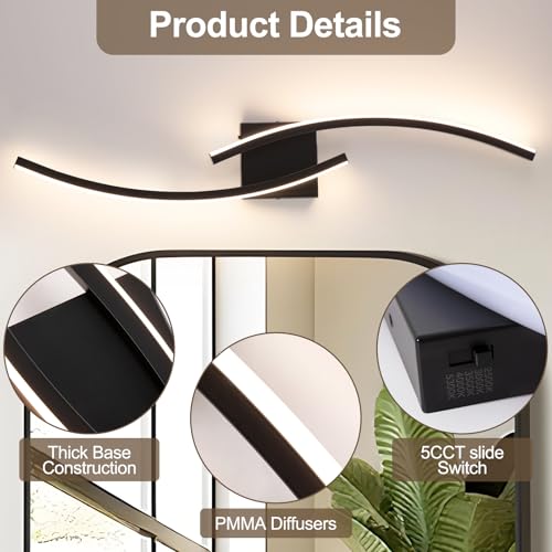 Image of Hardwired 3000~6000K Modern Wall Sconce, 31.5IN Black LED Wall Light Fixtures Wall Lights for Bedroom, Living Room, Hallway and Bedside Wall Lamp