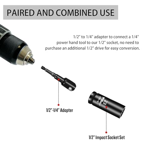 YIYITOOLS 25PCS 1/2” Drive Deep Impact Socket Set,SAE&Metric(12-24mm,3/8-1inch),Including 3”,5” Extension Bars and 1/2”-1/4” Adapter,6-Point, CR-V Steel