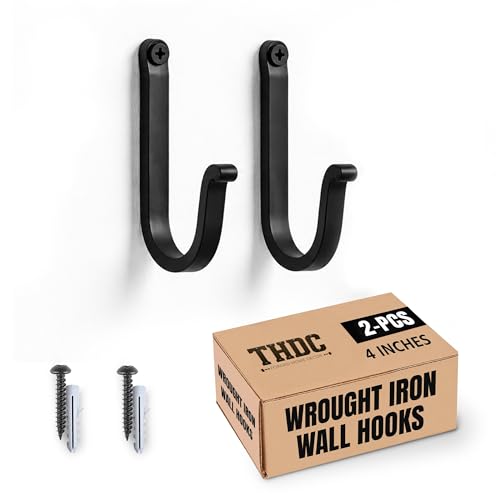 THDC Single Prong Wrought Iron Hooks, Vintage Hand Forged Iron Curved Metal Fastener Decorative Colonial Wall Décor, Heavy Duty Wall Hooks, Hangers for Keys, Coats, Robe, Bags, Home, Kitchen (2)