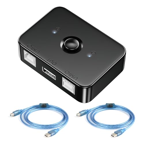 Switch USB, Conmutador de Impresión 2 en 1 Salida con Luz LED, para 2 Computadoras Compartiendo Teclado, Ratón, Impresora, con 2 Cable Impresora USB 1,5 m