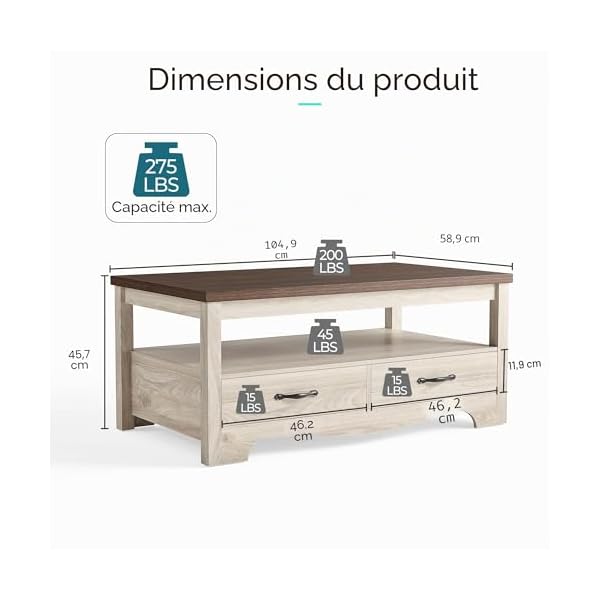 LINSY HOME Table basse de style rustique avec rangement, table basse en bois pour salon, espace d'exposition ouvert et tiroirs de rangement avec poignées en métal, style chic avec base incurvée, chêne
