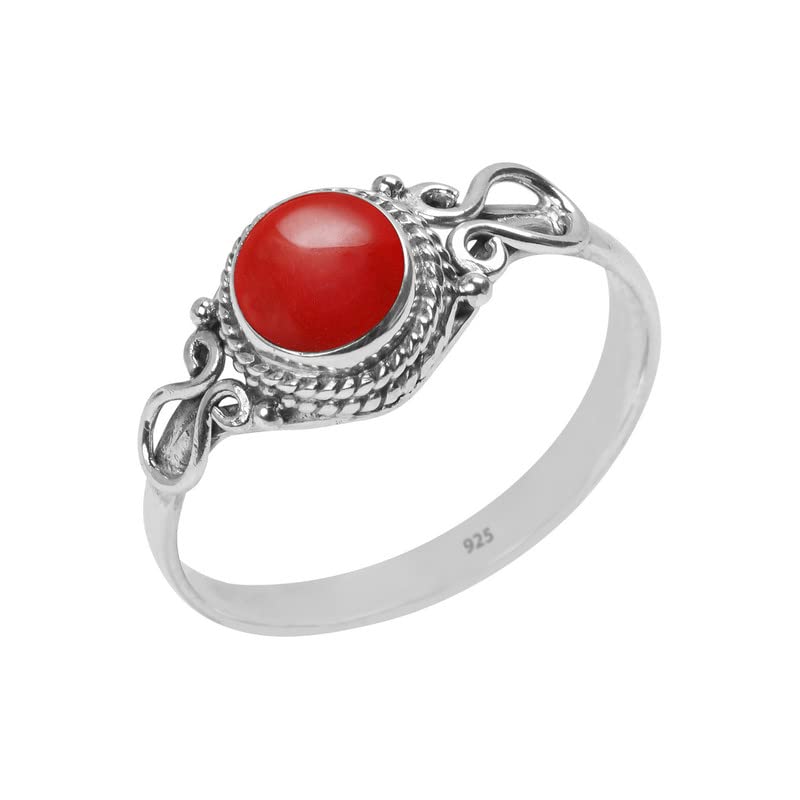 Coral Stone Ring, Handmade 925 Sterling Silver Rings for Women Girls, Natural Gemstone Ring US size 10 Solitaire Ring, Round Stone Ring, Minimalist Birthstone Gift Jewelry for her
