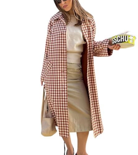 chouyatou Women's 2025 Fall Plaid Long Trench Coat Single Breasted Casual Barn Jacket Outerwear Overcoat (Large, Caramel)