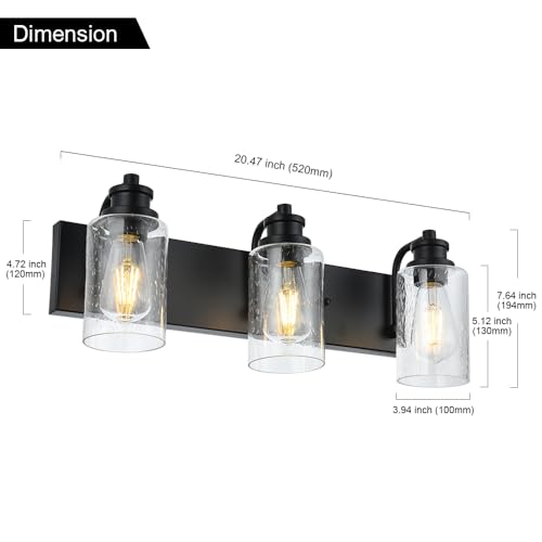 Image of 3 Lights Black Vanity Light Fixtures Over Mirror with Seedy Glass Shade,Industrial Wall Mount Lamp Metal Bathroom Lighting