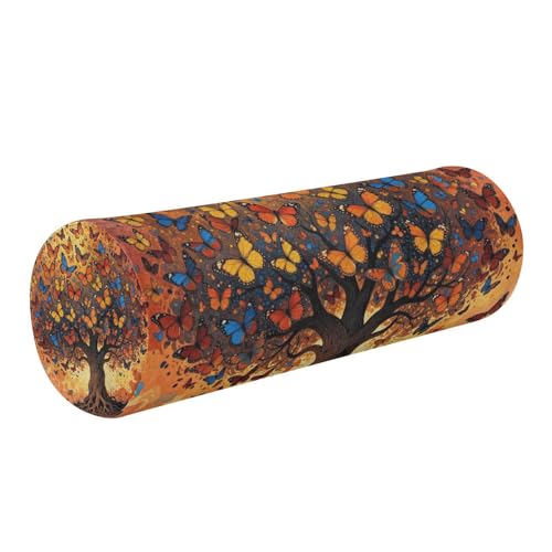 KLL Colorido árbol de mariposa de felpa almohada almohada de bambú cuello rollo funda redonda cilindro cuerpo caso soporte cuello coche