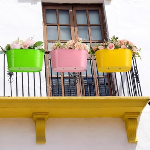 Image of 12 INCH Anti Rust Railing Oval Planter for Balcony & Garden with Detachable Handle | Hanging Flowerpot Holder | Metal Wall Planter for Indoor and Outdoor Decor (Multicolour, 6)