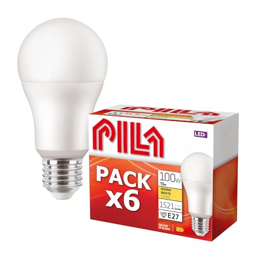 PILA Pack da 6 lampadine LED E27 13W (= 100W), luce bianca calda (2700K), flusso elevato, 1521 lumen, non dimmerabile, CRI80, durata 15.000 ore
