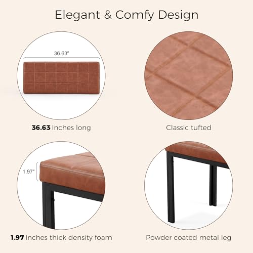 NORDICANA 36.6 Inch Modern Faux Leather Upholstered Dining Bench, Brown Single Ottoman Bench with Steel Legs for Entryway Bedroom - Thumbnail 7