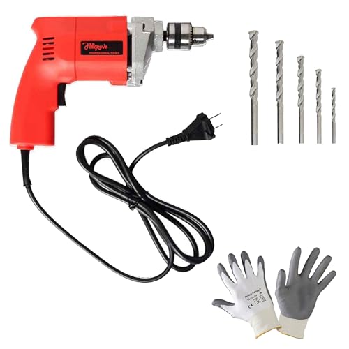 Image of Hillgrove HGCM1109M2 500W Power Drill Machine with Gloves, 5Pcs Masonry Drill Bits for Making Holes in Metal /Wood /Concrete Pistol Grip Drill (10 mm Chuck Size)