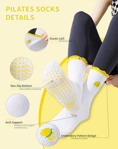 Image of Yawlsow Cute Pilates Grip Socks for Women Ruffle Frilly Yoga Socks Non Slip Cotton Crew Grippy Sock for Barre Workout