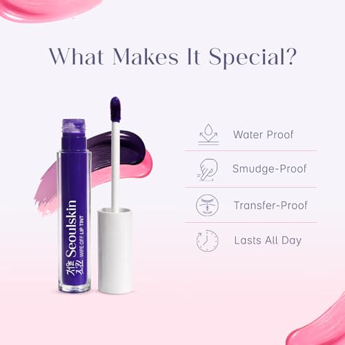 Image of Seoulskin Wipe Off Lip Tint | Long Lasting No-Fade Lip Stain | Matte Lip Tint Waterproof, Transfer-Proof, Smudge-Proof | Easy Application & Wipe Off Formula | Lasts All Day | Natural Pink Color | Vegan | Shade: Petal Pink (4ml)