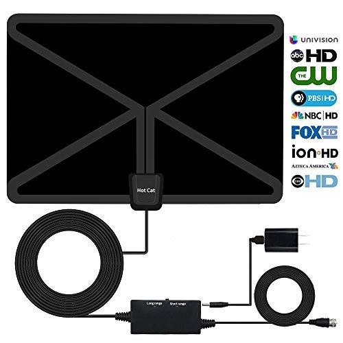 HotCat HDTV Antenna 120+ Miles Long Range Indoor Digital HDTV Antenna with 2019 Newest Type Switch Console Amplifier Signal Booster，USB Power Supply and 17 Feet Highest Performance Coaxial Cable-Black