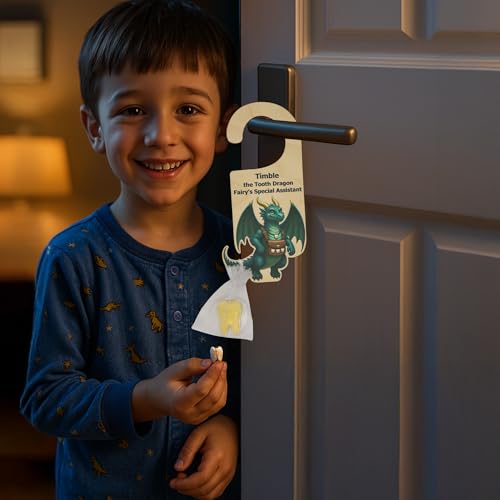 Enchanting Tooth Fairy Door Hanger & Timble the Tooth Dragon Keepsake Set – Magical First Tooth Tradition Gift for Kids with Storybook and Coin Pouch - Image 2