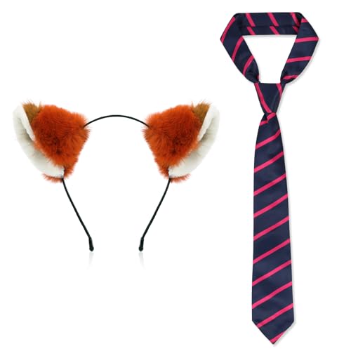 MWOOT Karnevalskostüm Fuchs Ohren Haarreif Fuchsohren Cosplay Set Fell Fuchskostüm mit Gestreifter Krawatte für Halloween Cosplay Geburtstagsfeier Zubehör