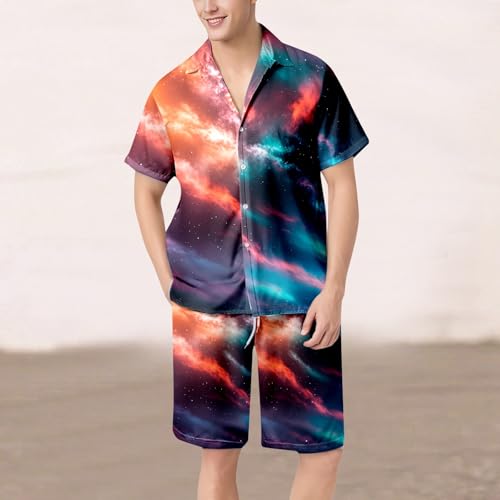 Mens Suits Classic Fit 2 Piece Starry Sky Print Short Sleeve Button Down Lapel Shirts Casual Shorts Pajamas Sets2