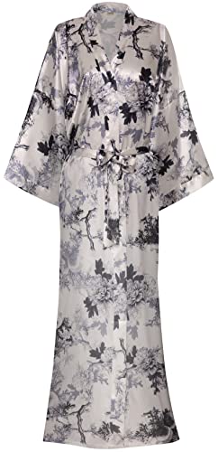 Image of goodmansam Women's Long Floral Satin Kimono Robes Bridal Dressing Gown Wedding Bridesmaid Nightgown