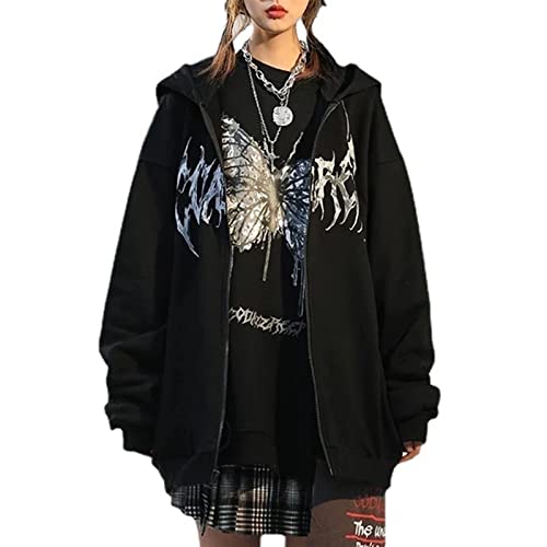 Bsdsl Femmes Y2K Vintage E-Girls Butterfly Zip Up Oversize Sweats À Capuche Imprimer Longs Hauts À Capuche avec Fermeture Éclair et Poches Veste Manteaux Streetwear (Color : Black, Size : M) Cover
