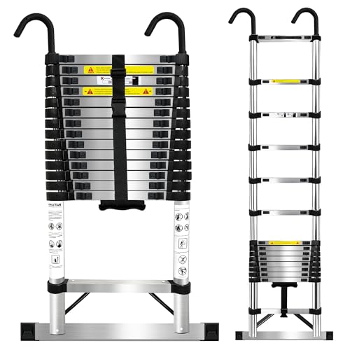 Echelle Telescopique 6,3m de Acier Inoxydable,Escabeau avec Boucle de sécurité,Escabeau avec Barre stabilisatrice pour Toiture Décoration et Entretien Charge 150 KG Argenté