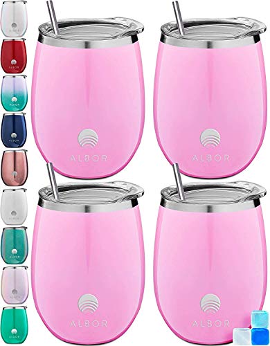 ALBOR Triple Insulated Wine Tumblers with Lids and Straws Millennial Pink Wine Tumbler