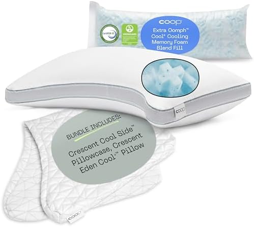 Almohada ajustable Coop Cool+ Crescent y funda de almohada Cool Side Crescent – King | Almohada de espuma viscoelástica con soporte para el cuello y gel refrescante para personas que duermen calientes