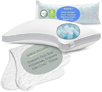 Coop Cool+ Crescent Adjustable Pillow & Cool Side Crescent Pillowcase King | Neck Support Memory Foam Pillow with Cooling Gel for Hot Sleepers