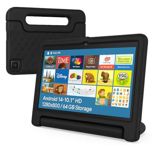 NOBKLEN 10.1 Inch Kids Tablet with Shockproof Case | Android 14, 64GB+8GB RAM, 12H Battery | Parental Control, Google Kids Space & Preloaded Educational Apps | WiFi 6, HD Display, Ages 3-12