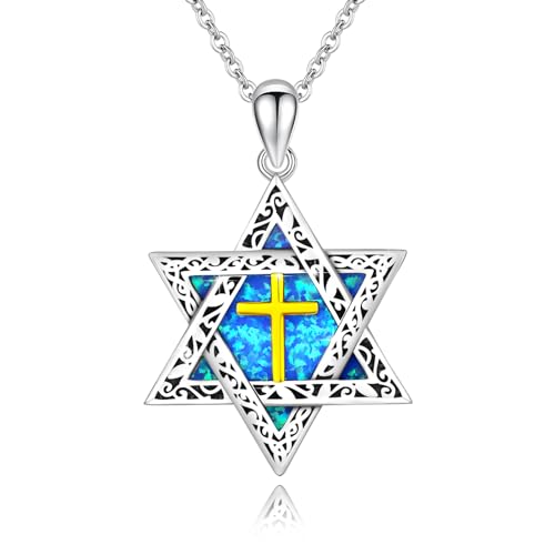 Bijoux cadeaux étoile de David avec croix en argent et opale, le présent spirituel idéal